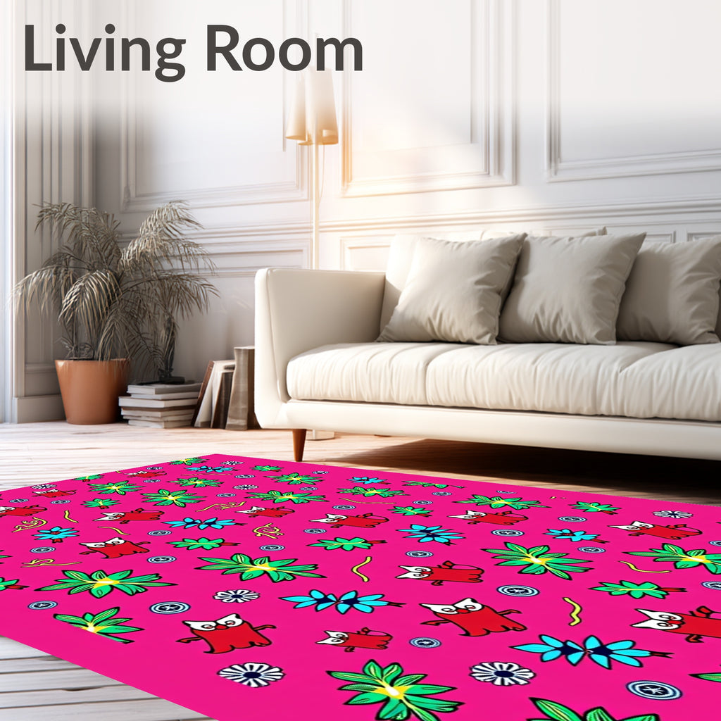 Whimsical Red Bird Floral Pattern Rug
