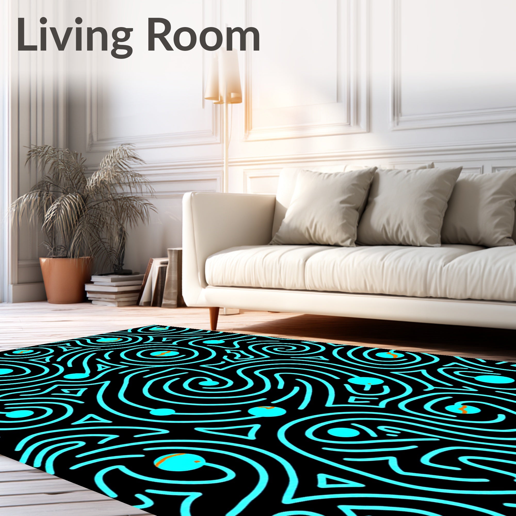 Aqua Swirl Abstract Geometric Black Rug