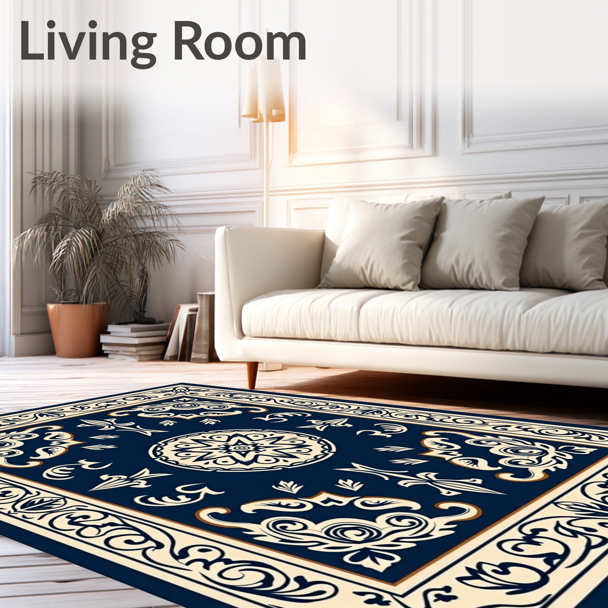Ornate Navy Floral Patterned Rug
