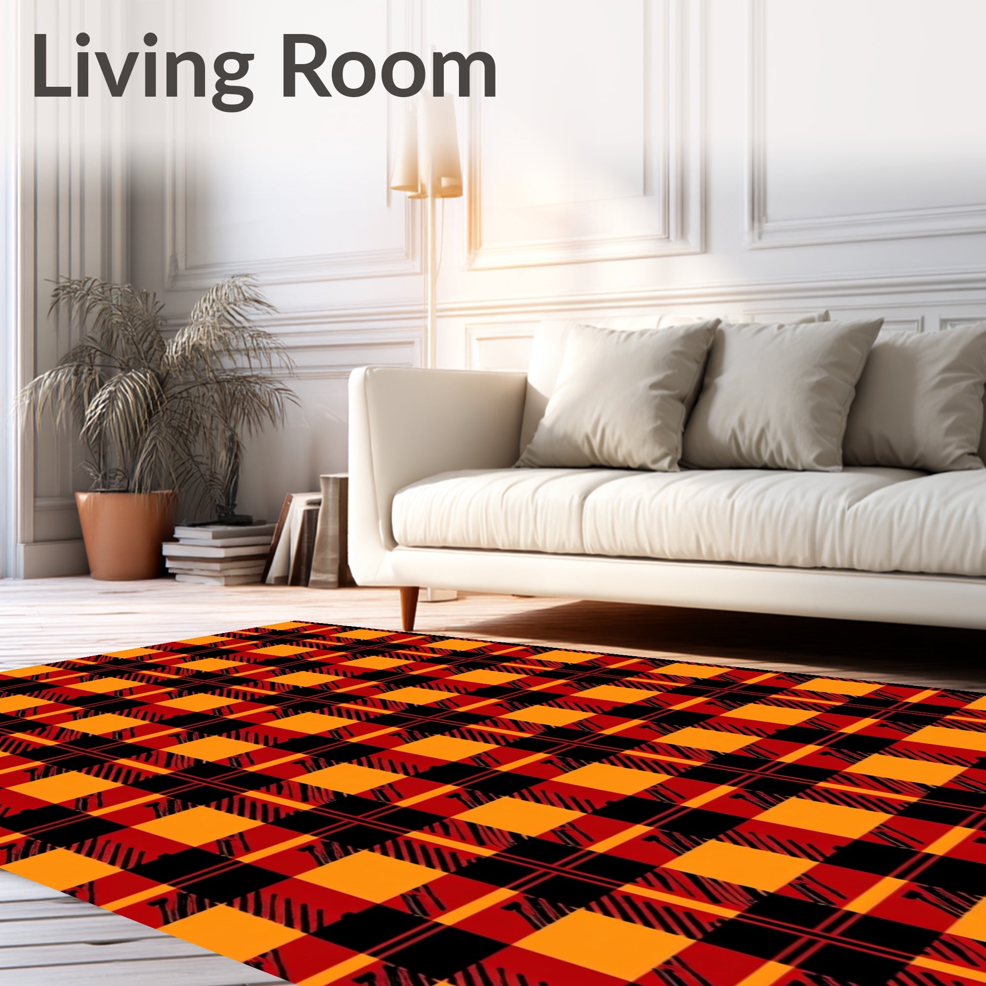 Bold Red Orange Black Plaid Pattern Rug