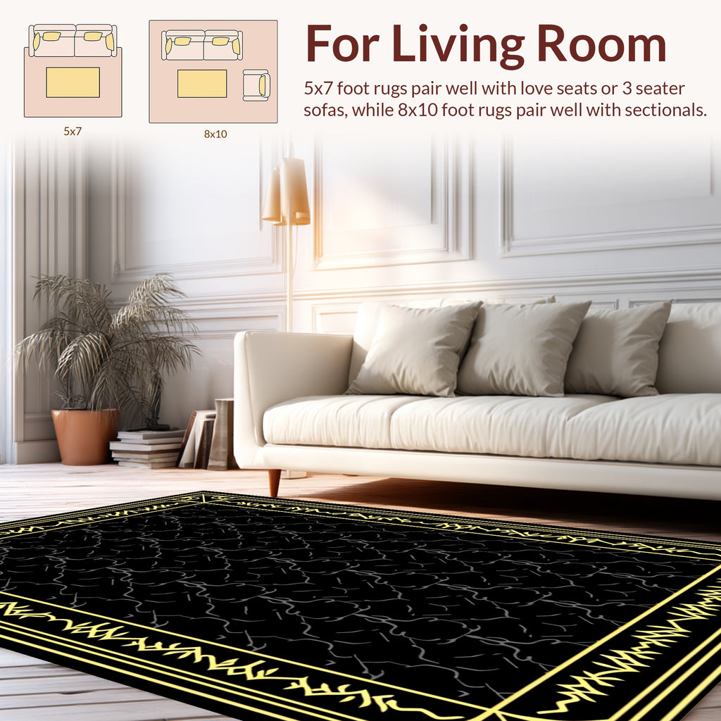 Ornate Black Gold Geometric Pattern Rug