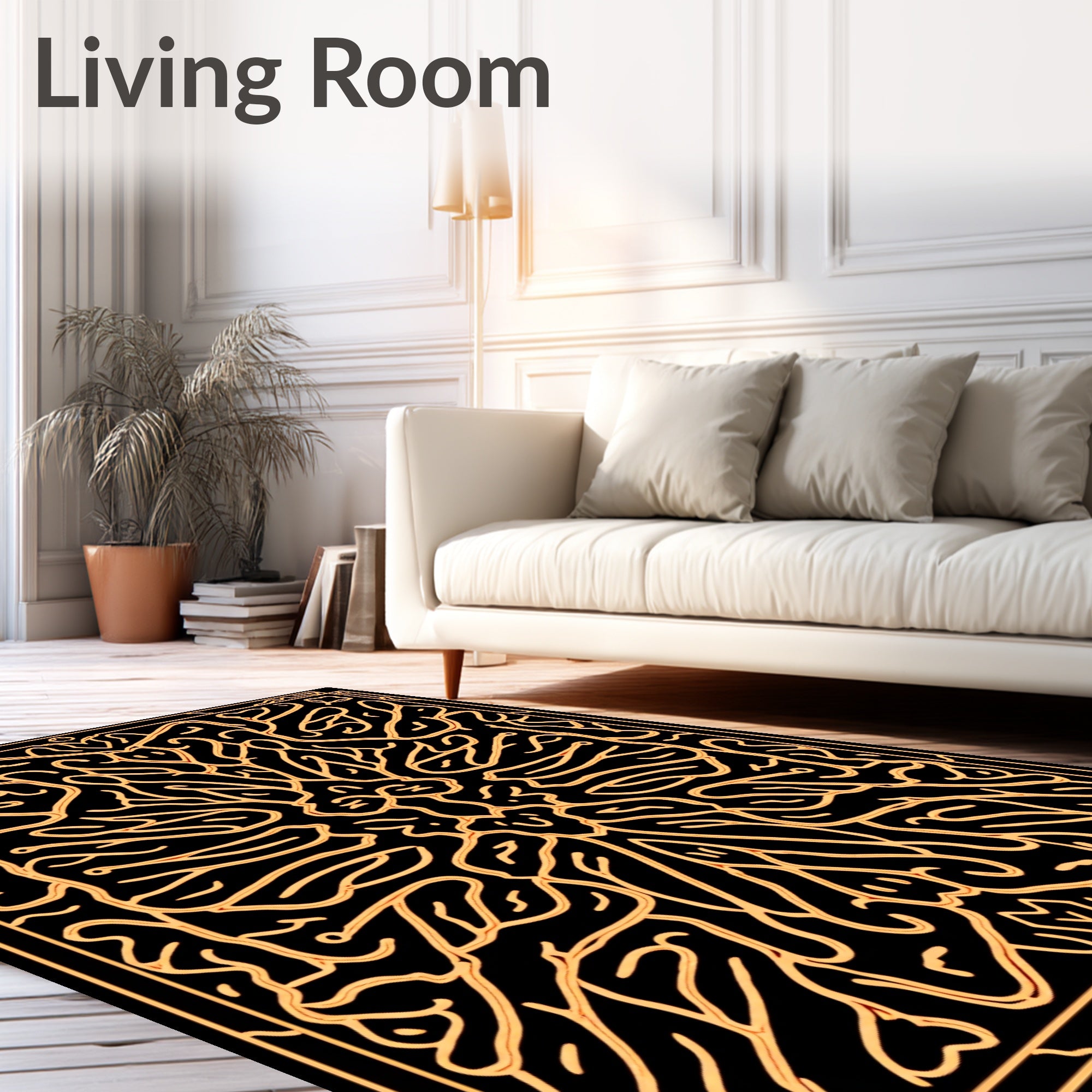 Intricate Black Gold Symmetric Design Rug
