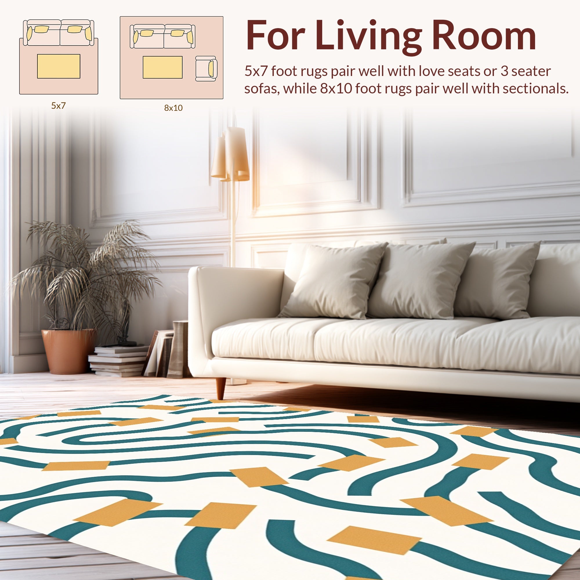 Teal Square Curve Pattern Design Rug