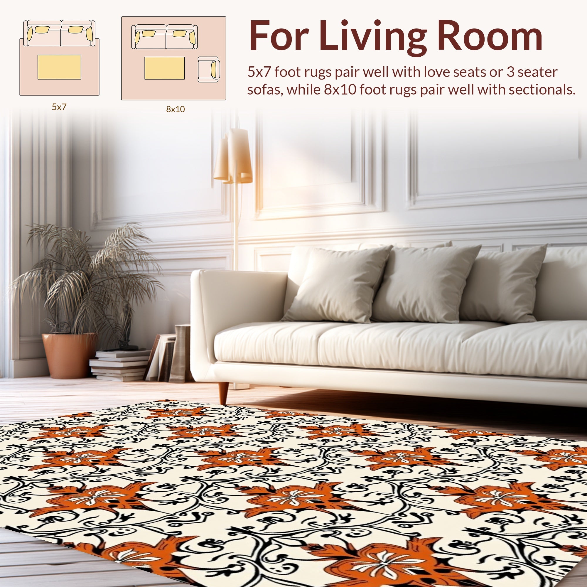 Floral Damask Patterned Cream Rug