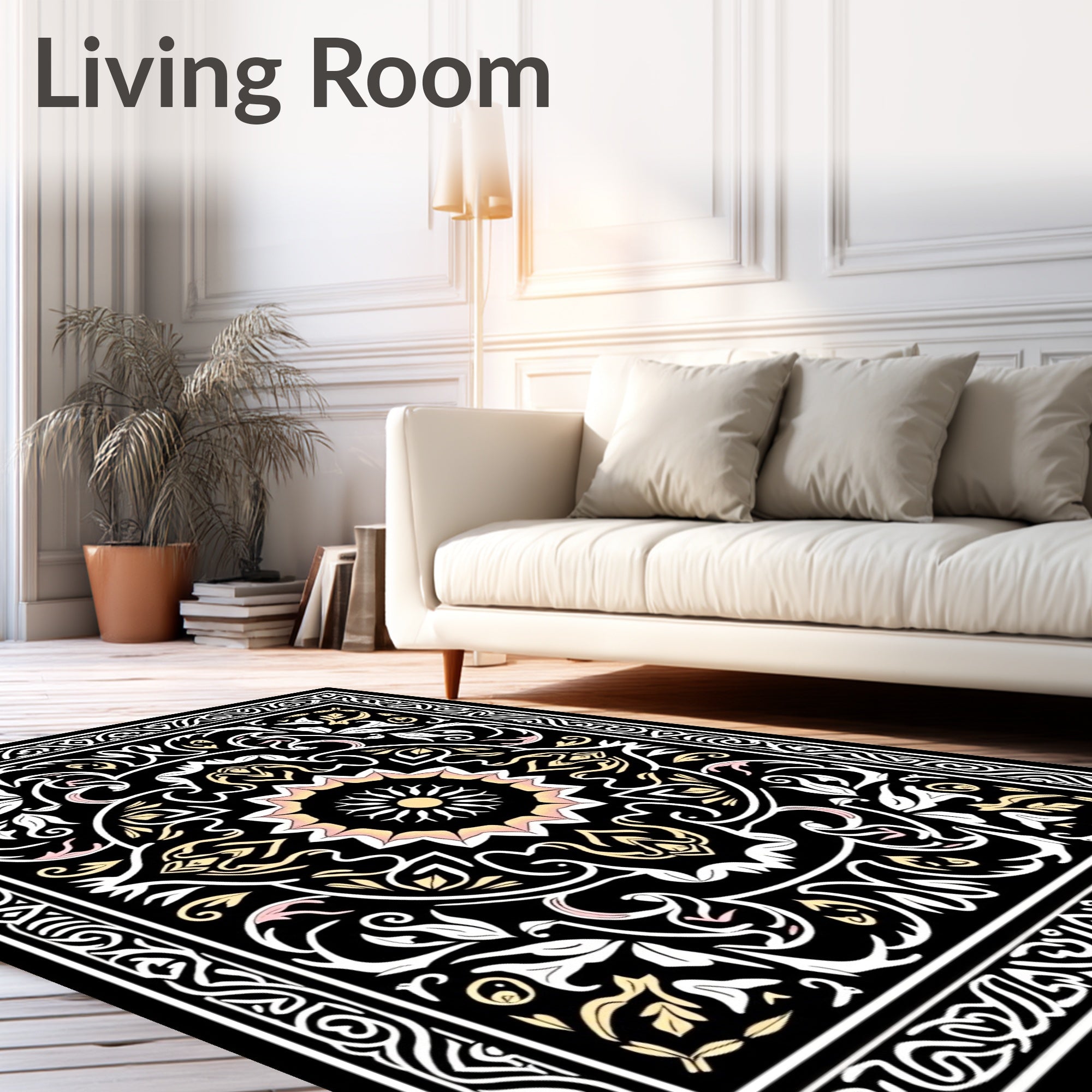 Ornate Floral Mandala Black Gold Rug