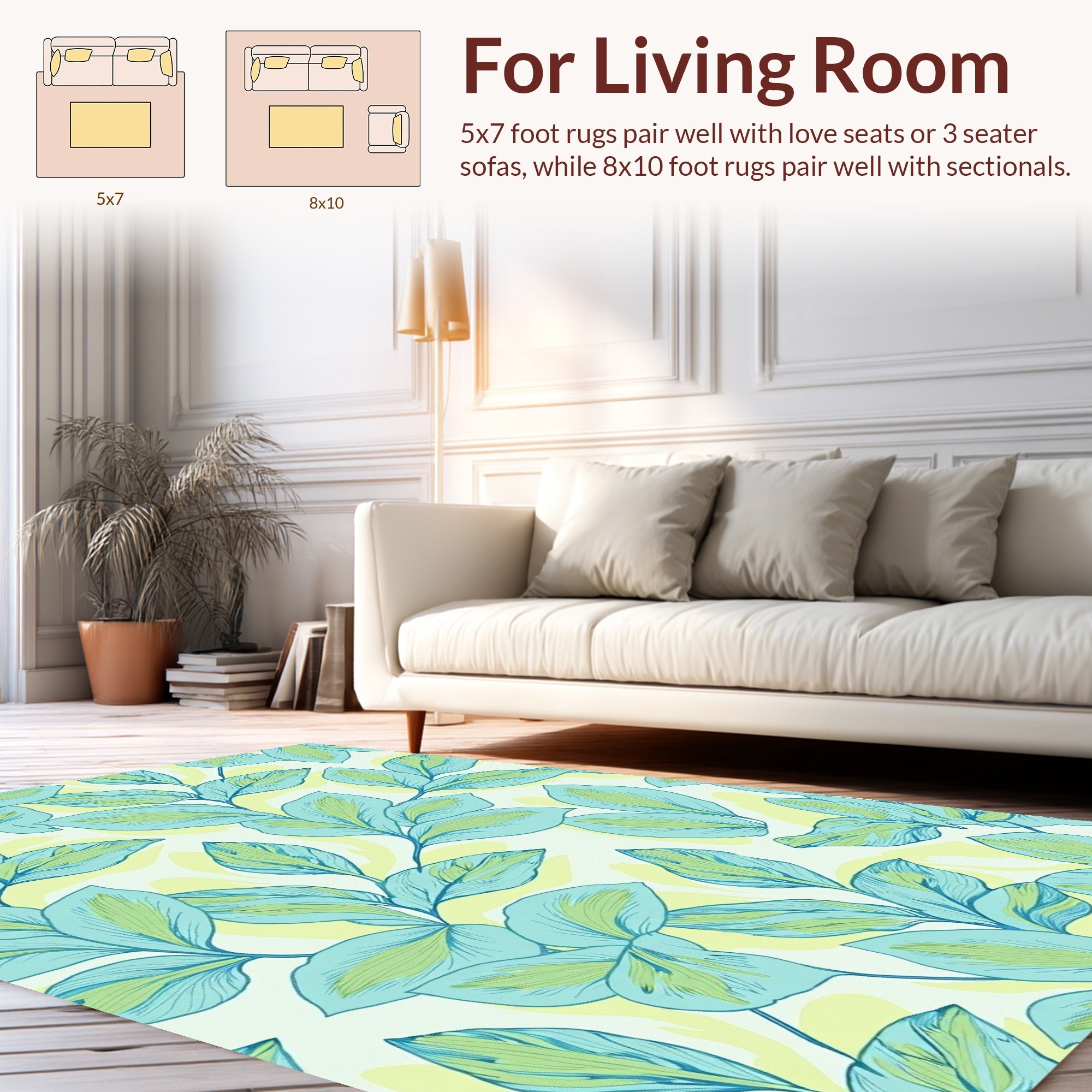 Lightweight Aqua Tropical Leaf Pattern Rug