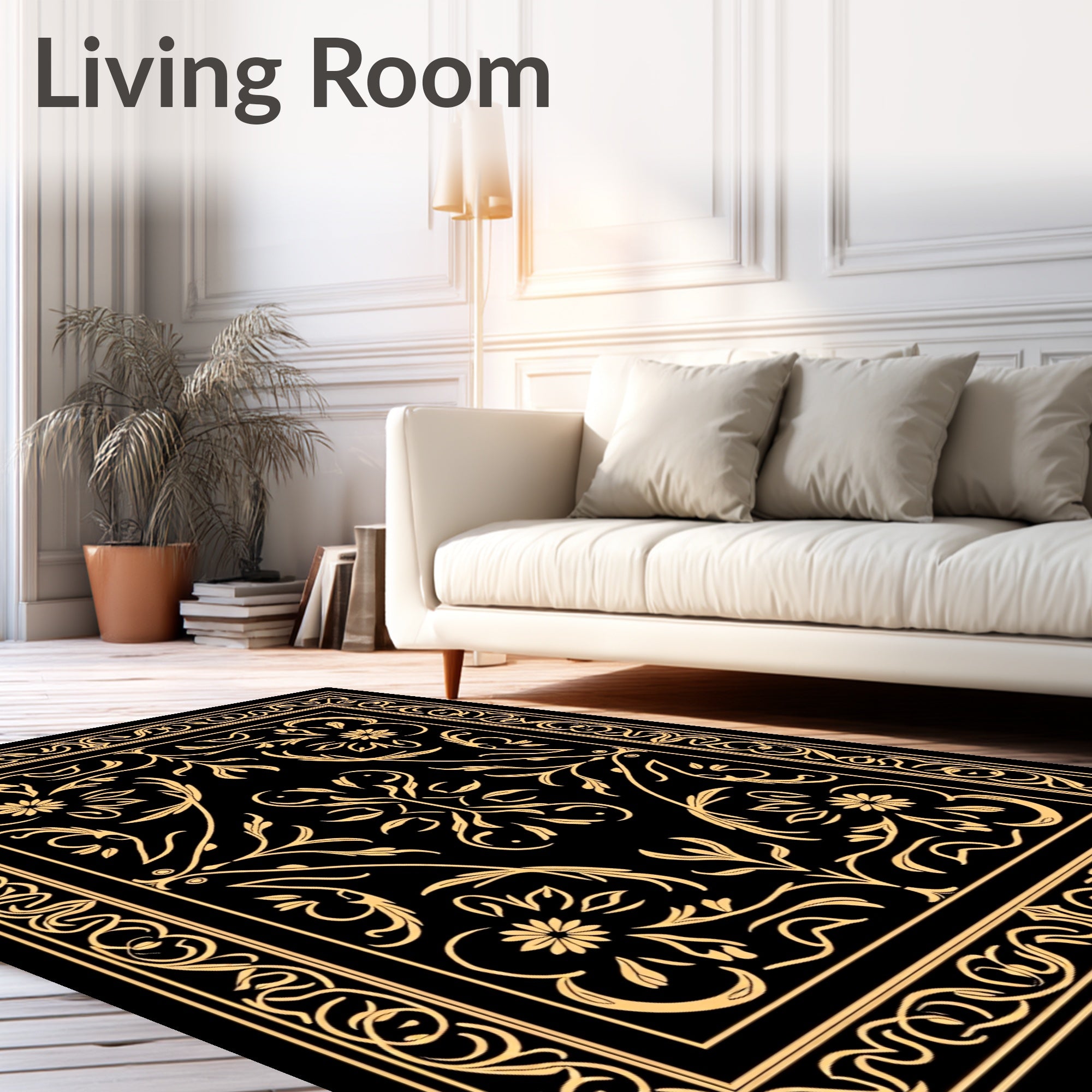 Elegant Black Gold Floral Border Design Rug