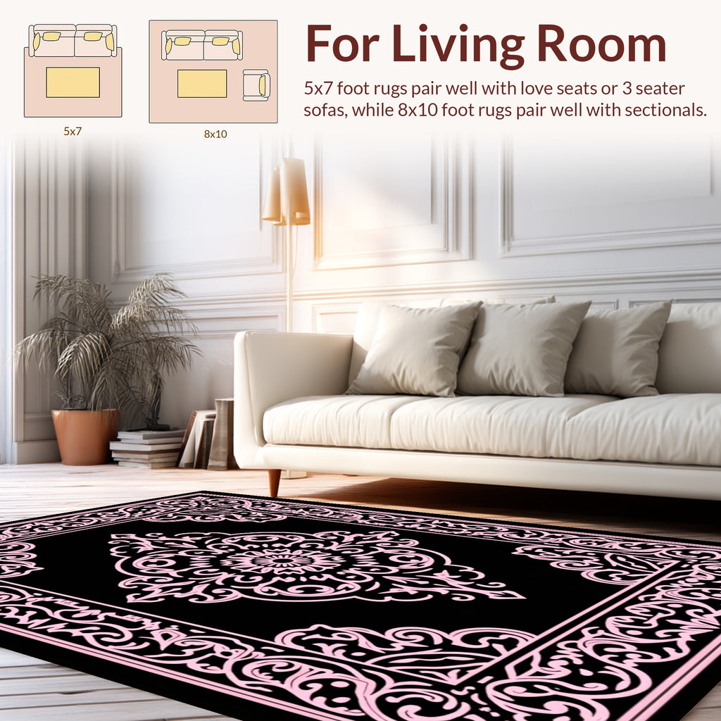 Ornate Pink Floral Mandala Border Rug