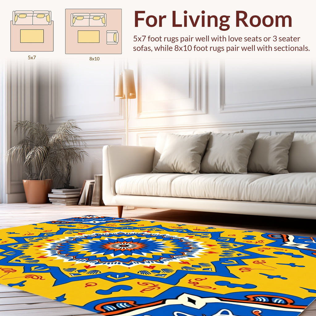 Vibrant Yellow Blue Floral Medallion Pattern Rug
