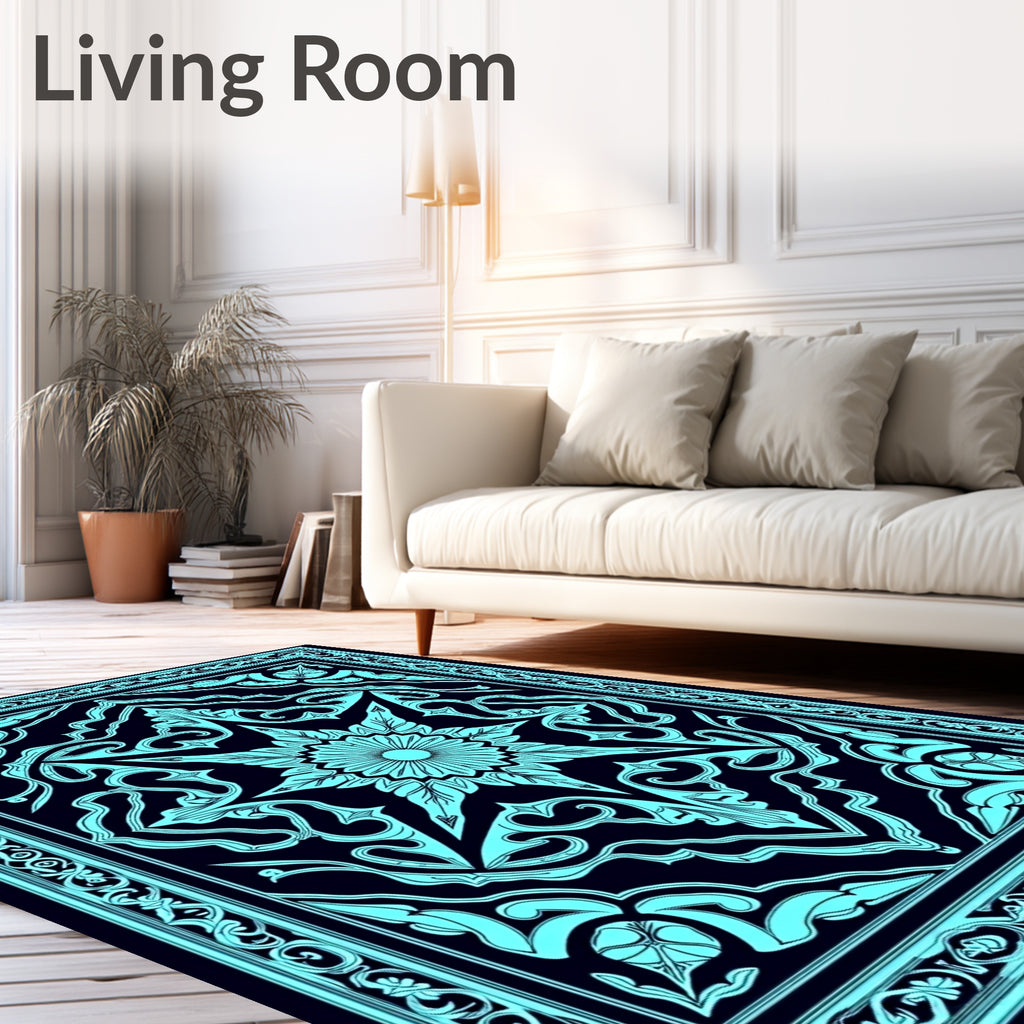 Elaborate Turquoise Floral Mandalic Design Rug