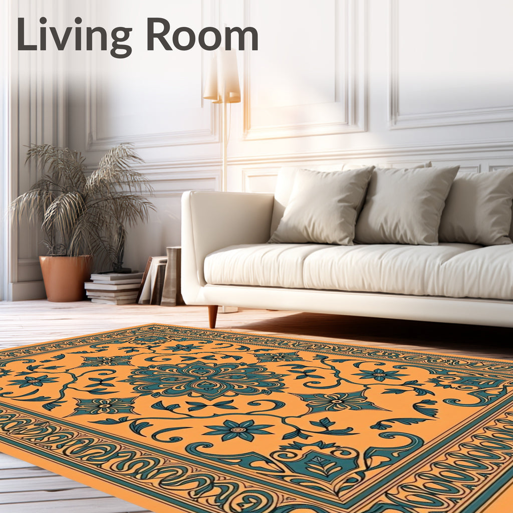 Orange Teal Floral Medallion Pattern Rug