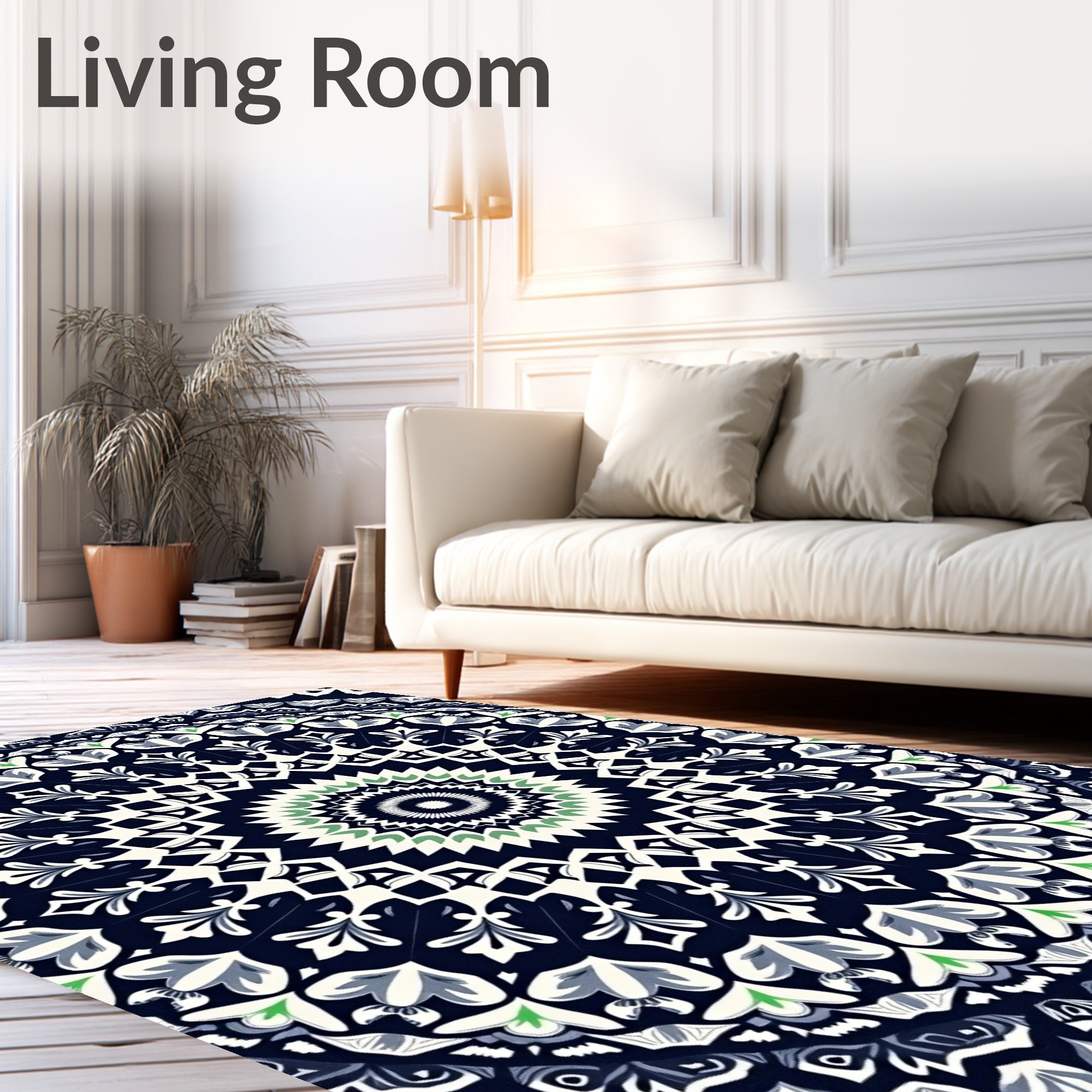 Artistic Navy Floral Mandala Pattern Rug