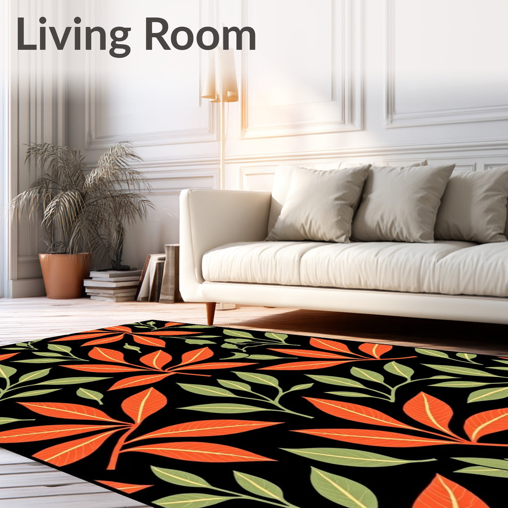 Vibrant Orange and Green Leaf Pattern Rug