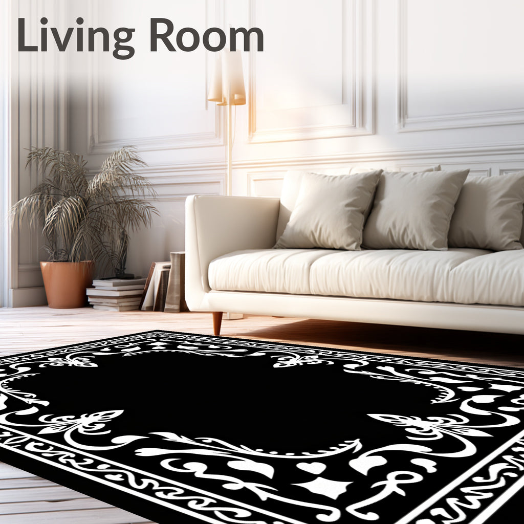 Elegant White Flourish Border Design Rug