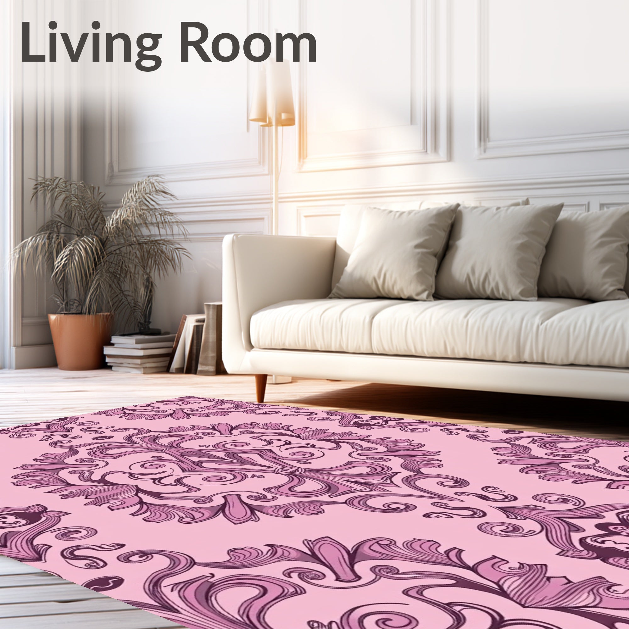 Pink Floral Scrollwork Patterned Rug