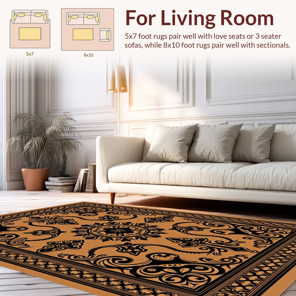 Ornate Black And Amber Floral Rug