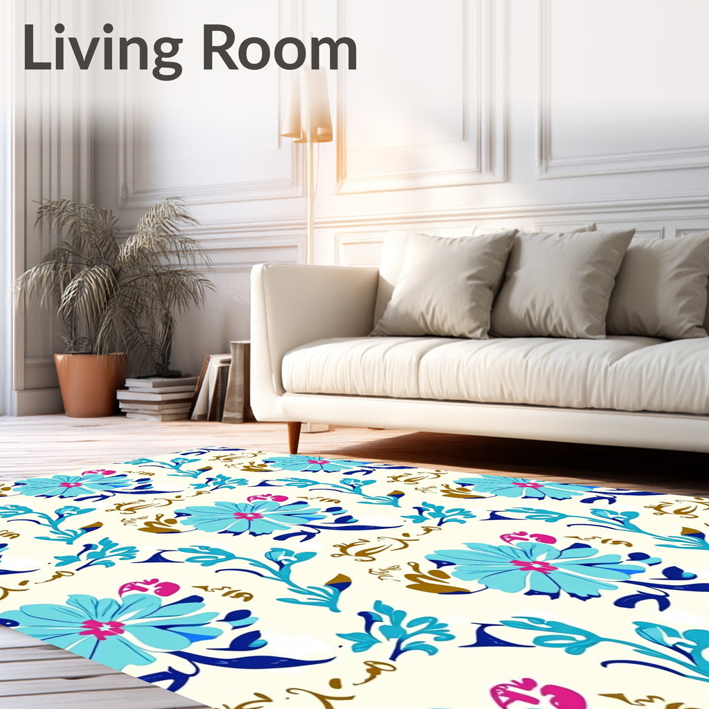 Floral Vining Patterned Blue Pink Rug