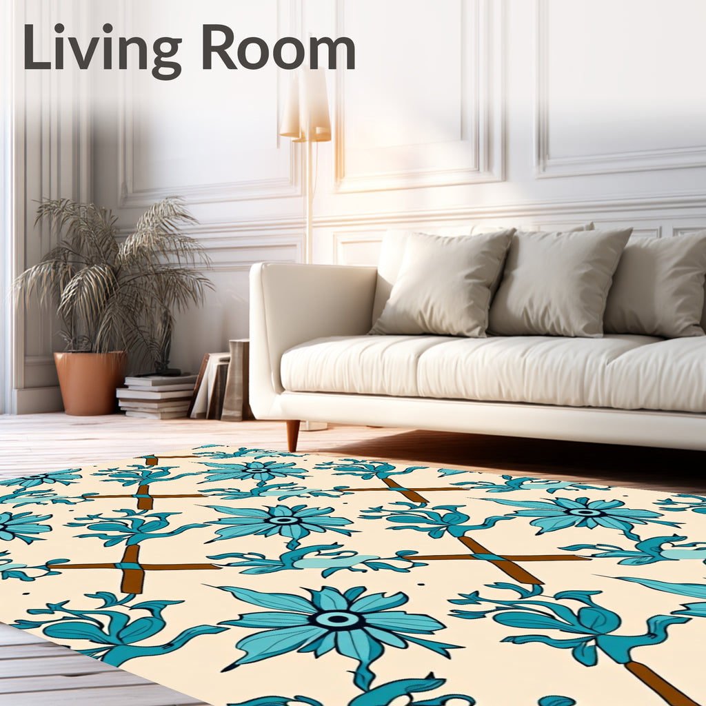 Elegant Teal Floral Diamond Pattern Rug