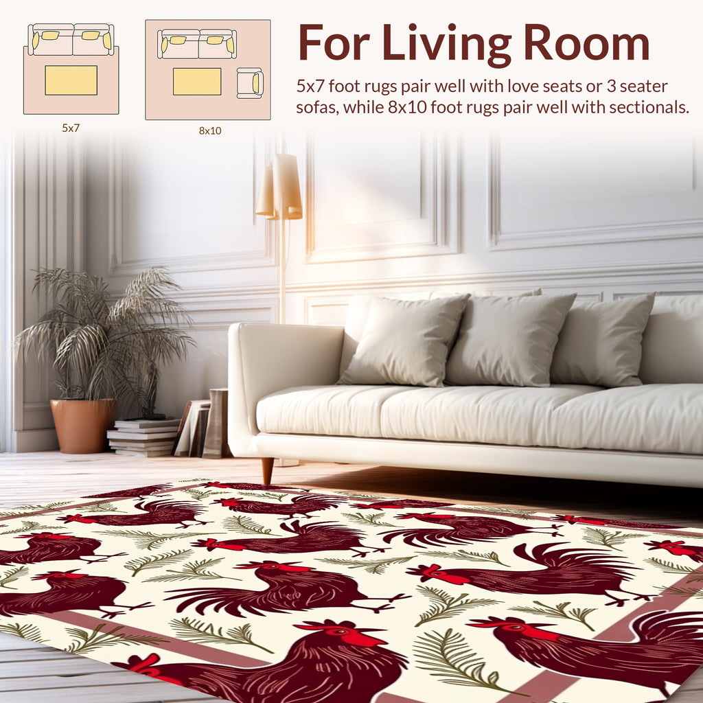 Charming Rooster Pine Sprig Pattern Rug