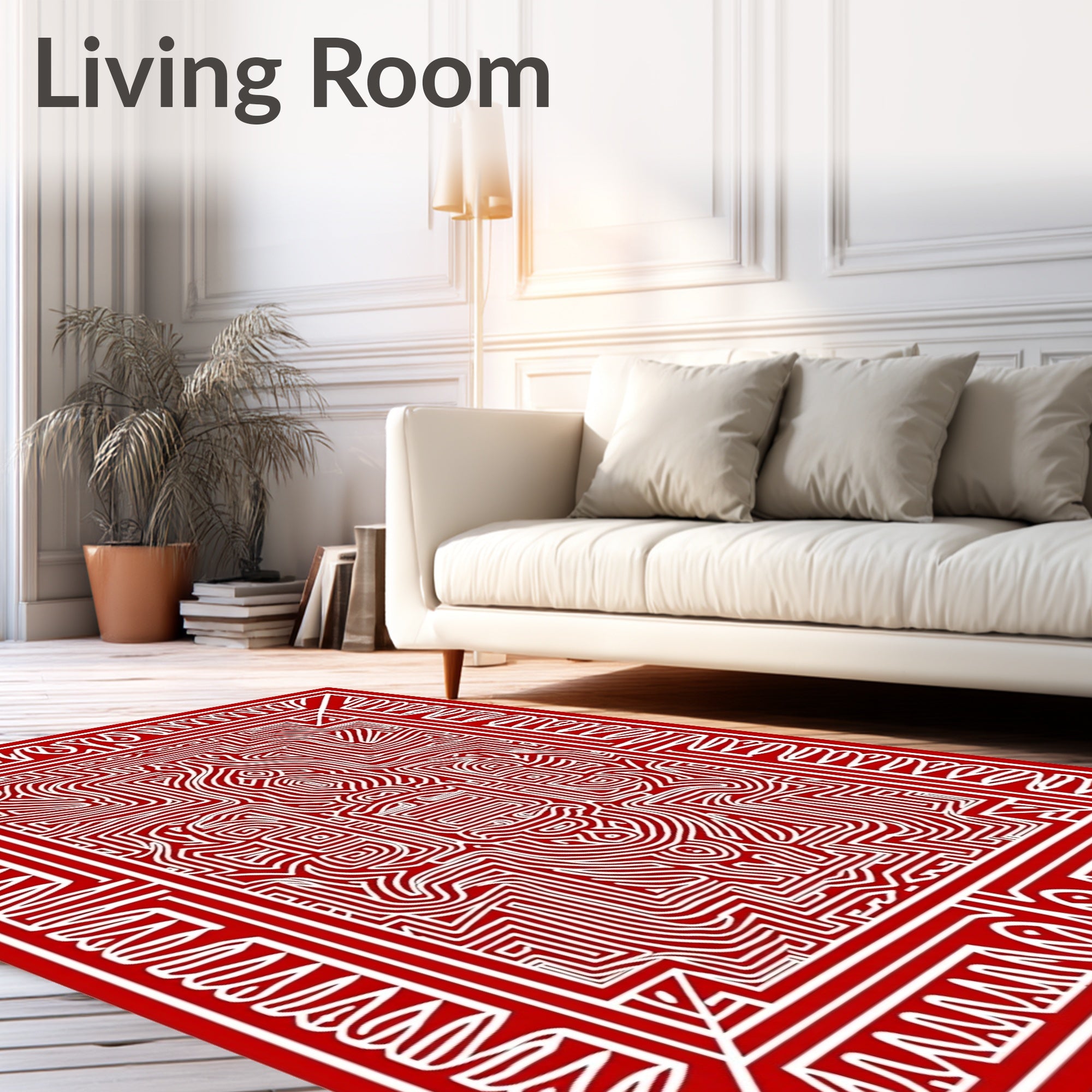Intricate Red White Maze Design Rug