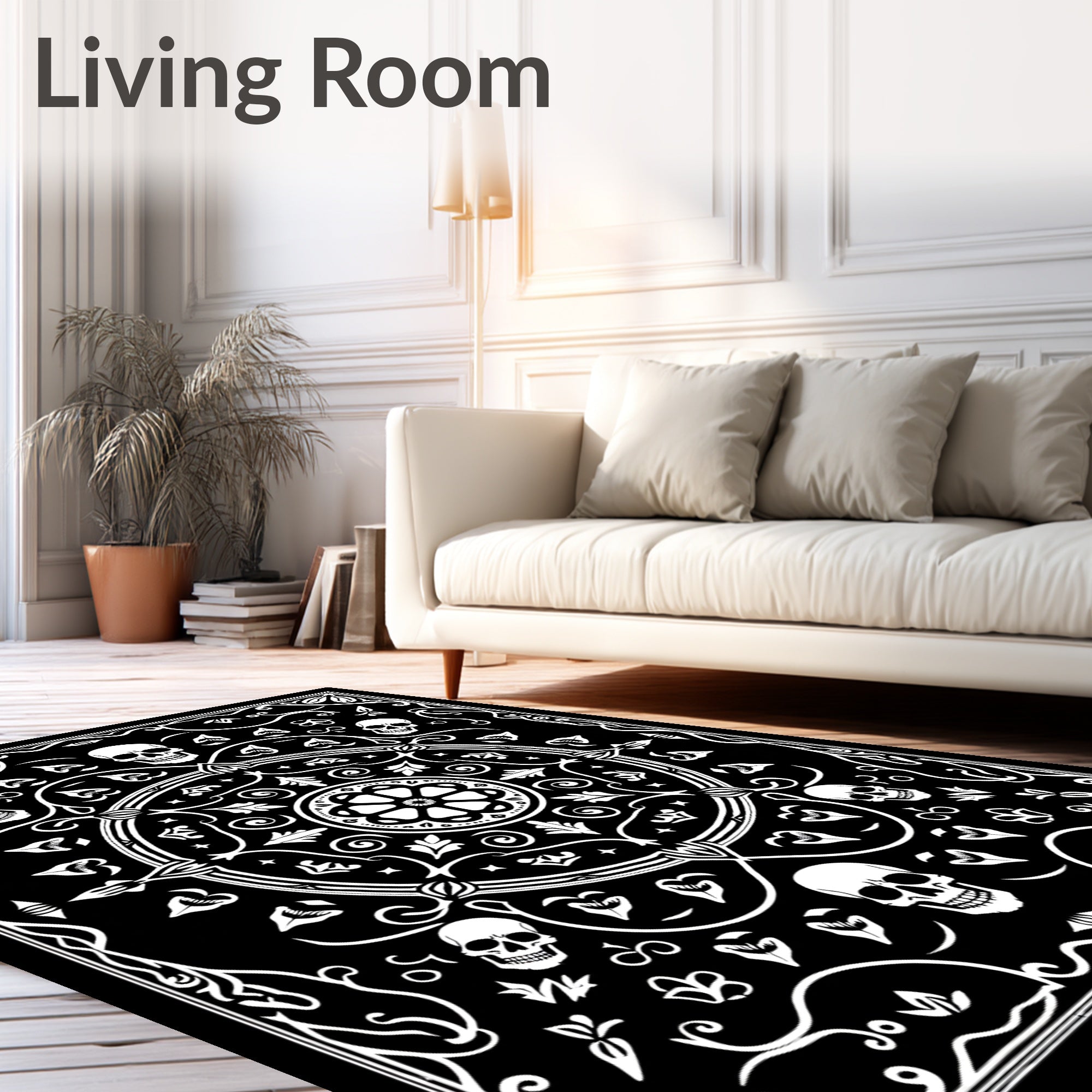 Ornate Black White Skull Statement Rug