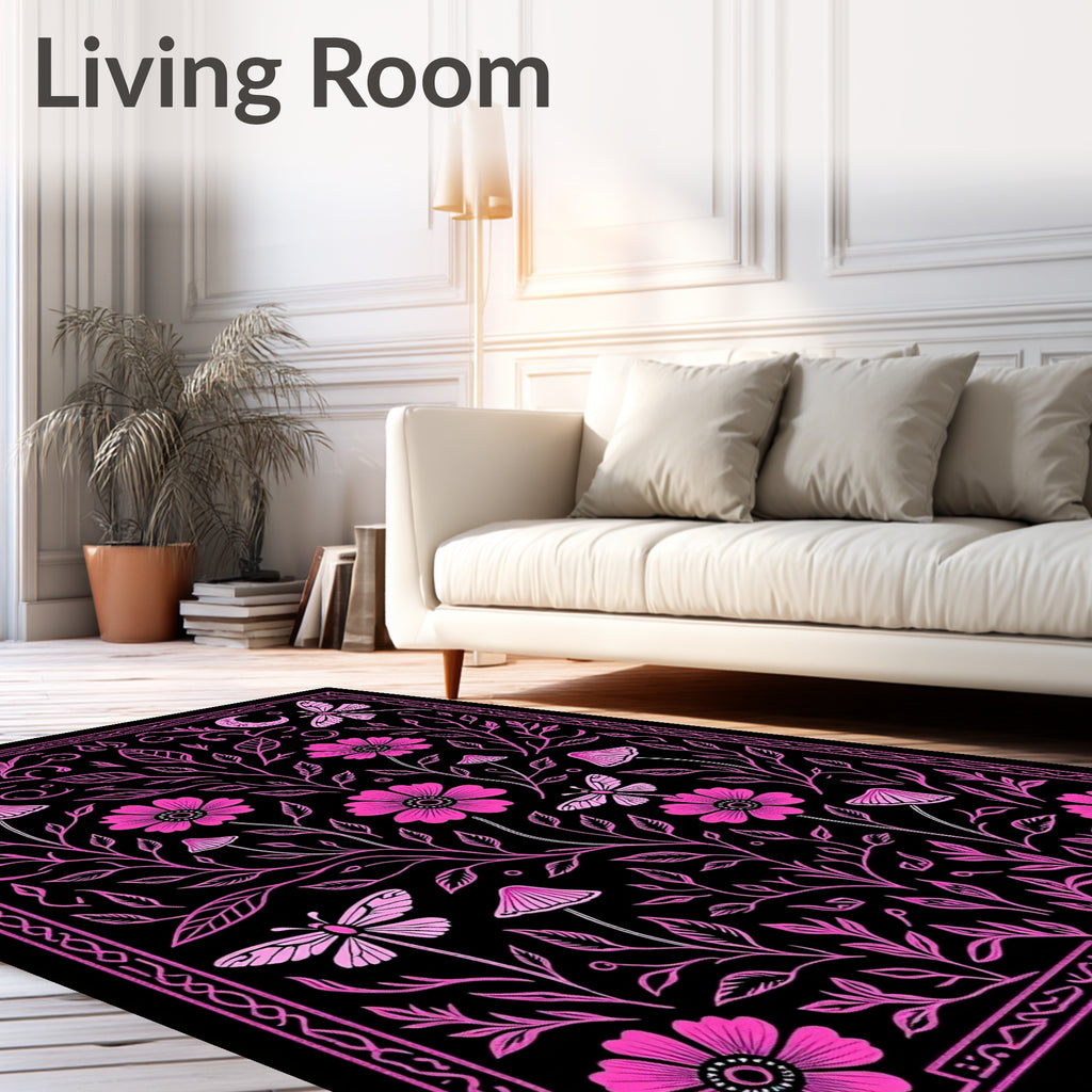 Whimsical Floral Butterfly Moon Pattern Rug