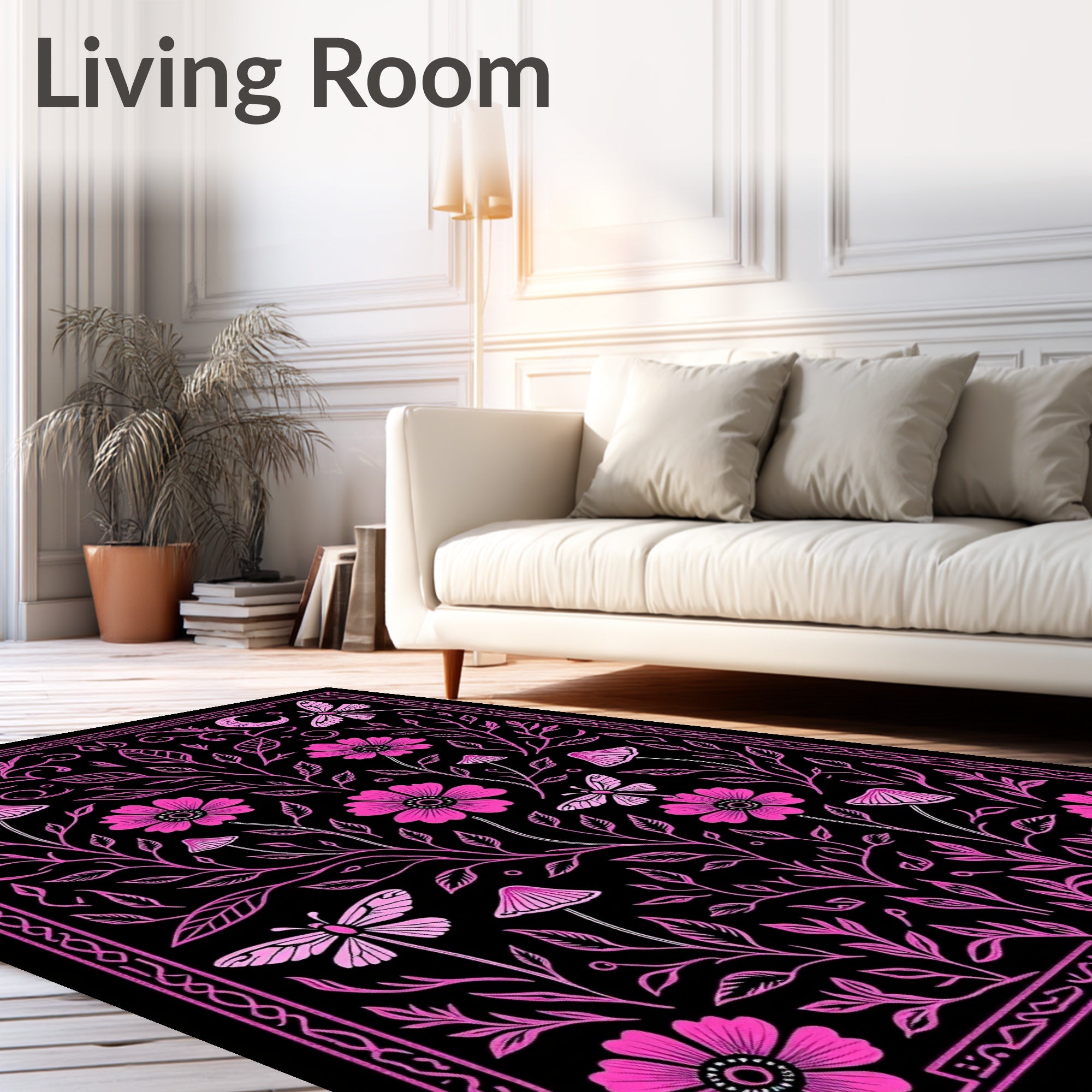 Whimsical Floral Butterfly Moon Pattern Rug