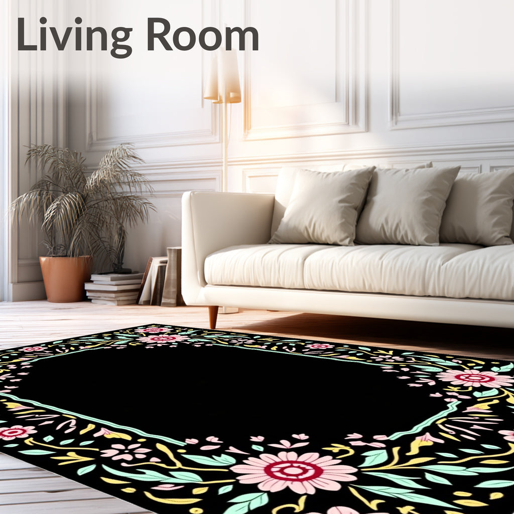 Black Floral Frame with Pink Flowers Rug