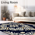 Ornamental Navy Gold Scrollwork Pattern Rug