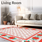 Red Floral Border Geometric Center Rug