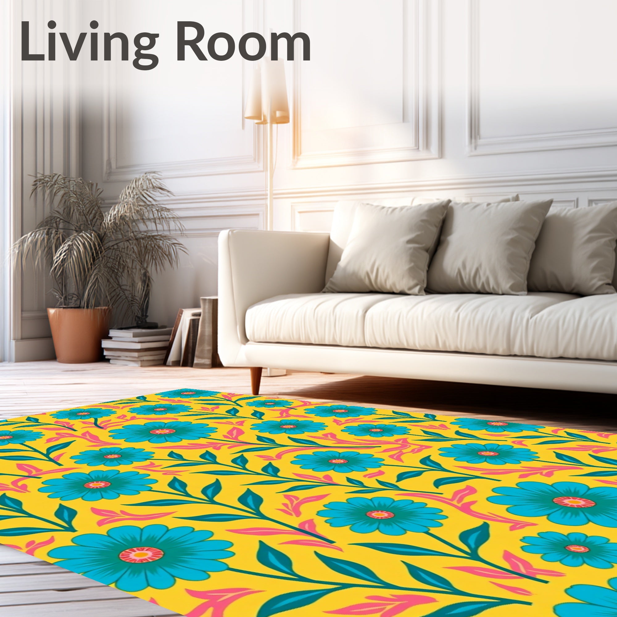 Bright Blue Floral Patterned Rug