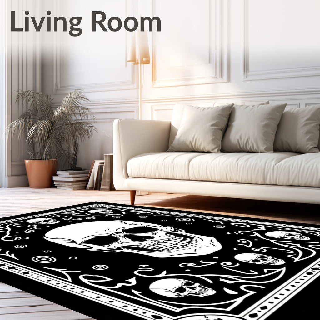 Gothic Skull Patterned Black White Rug