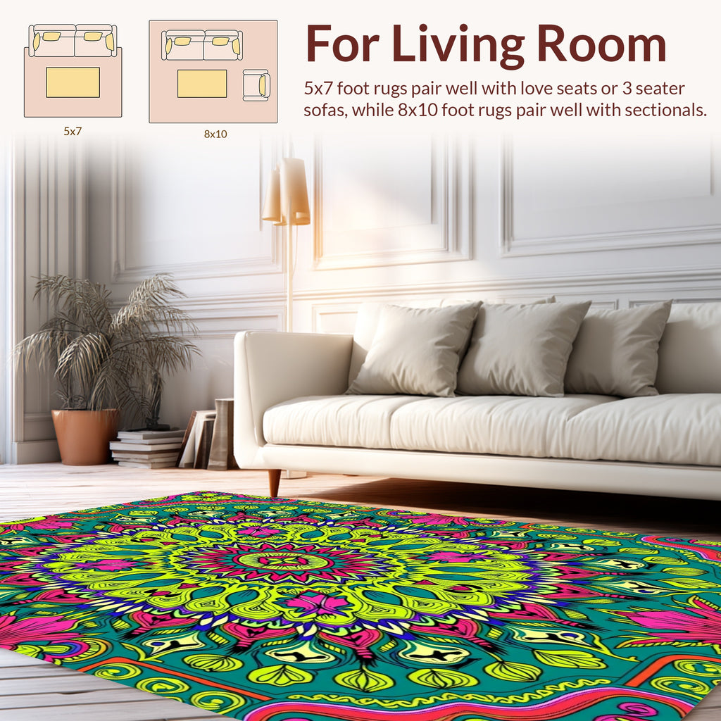 Vibrant Psychedelic Floral Mandala Pattern Rug