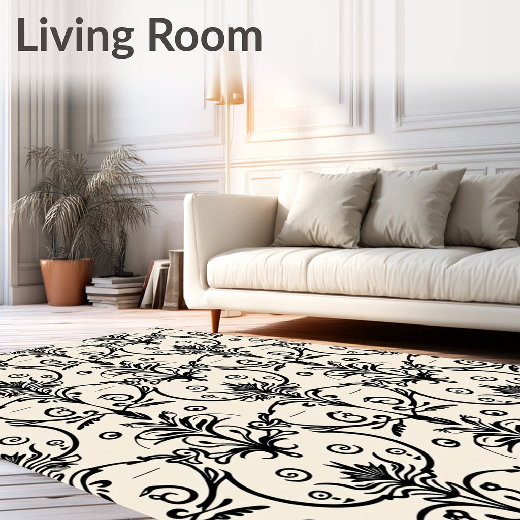 Classic Black Scrollwork Damask Pattern Rug