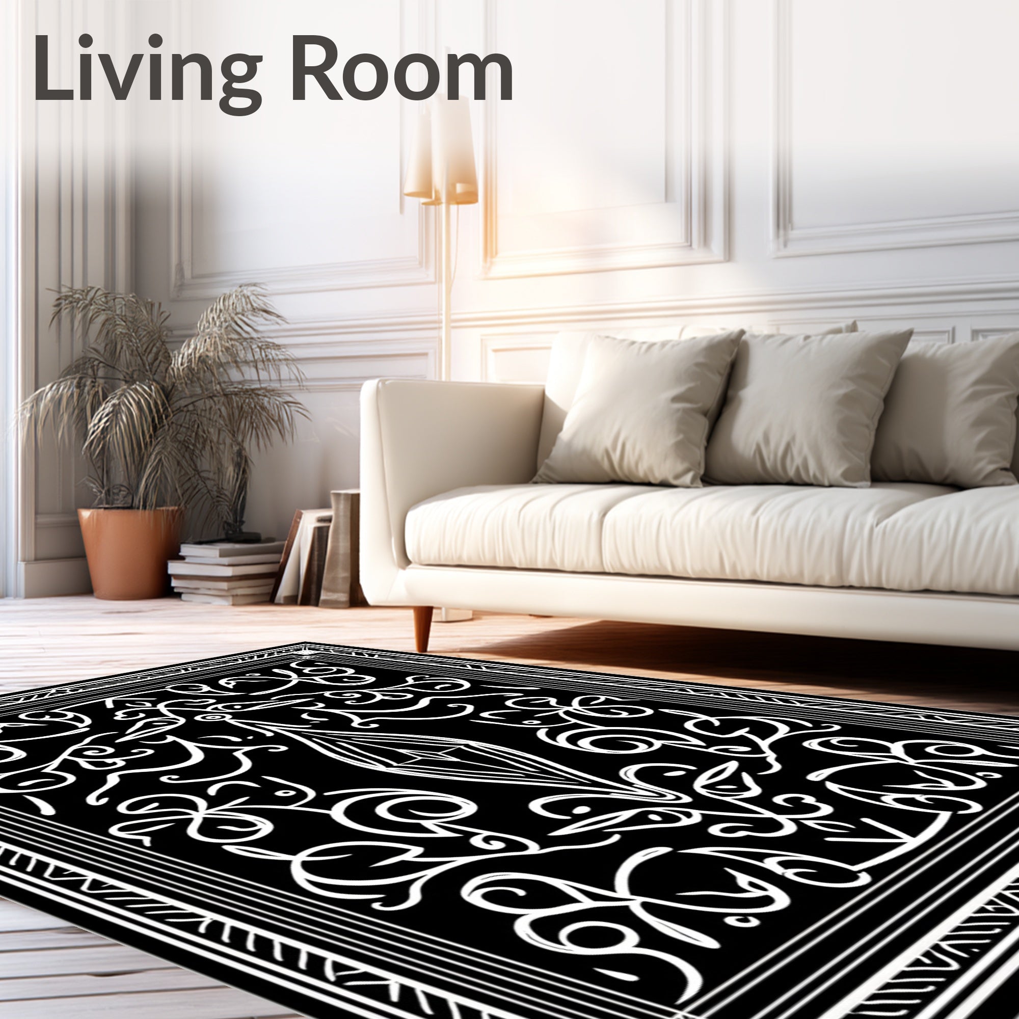 Ornate Black White Scrollwork Rug