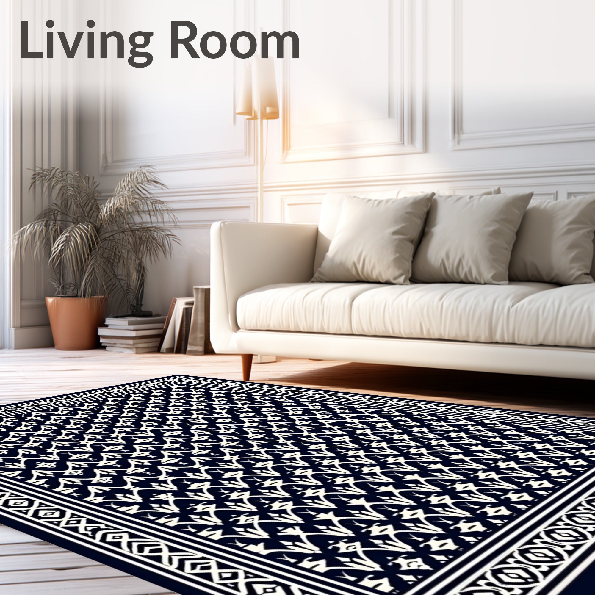 Dark White Geometric Leaf Pattern Rug