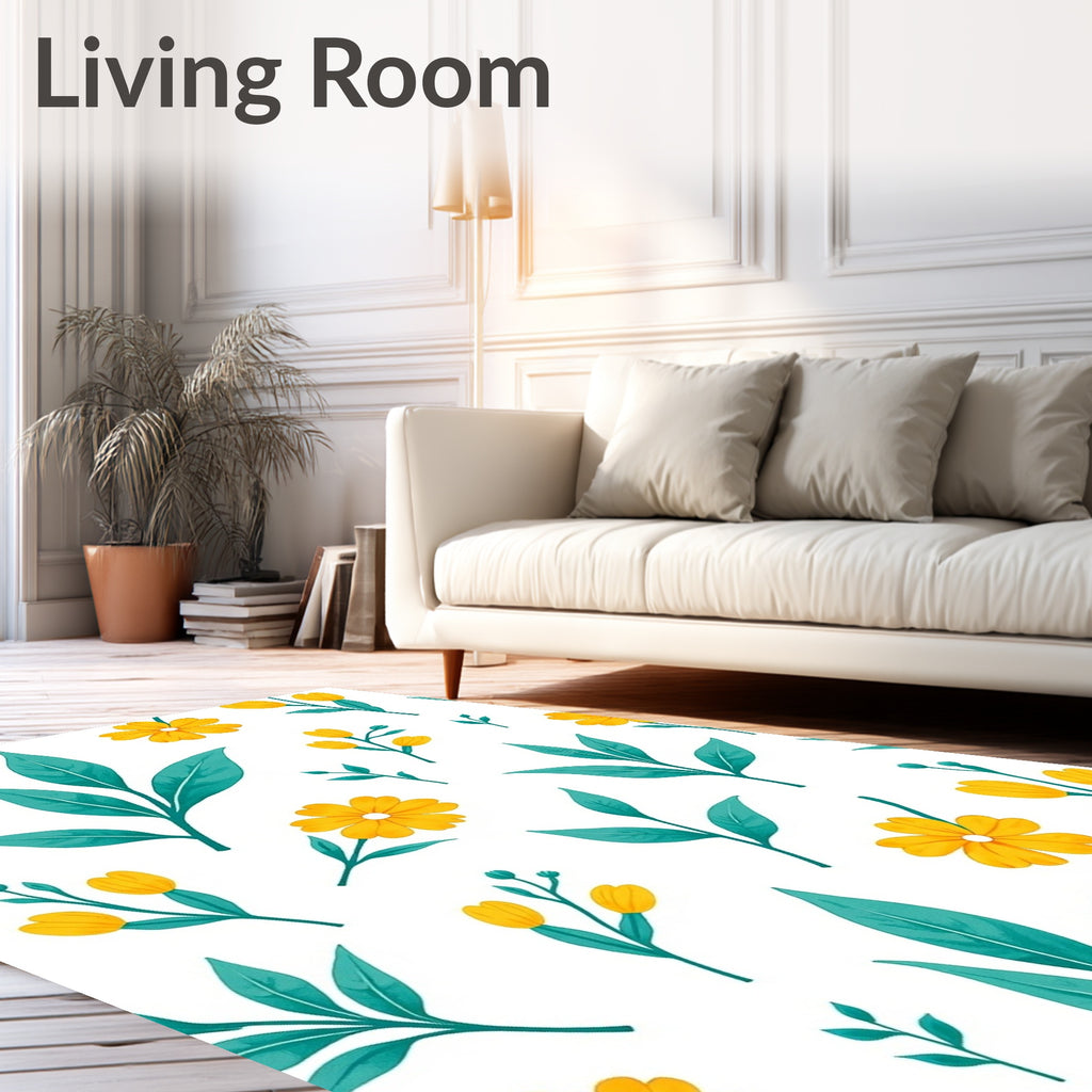 Yellow Floral Teal Leaf Pattern Rug