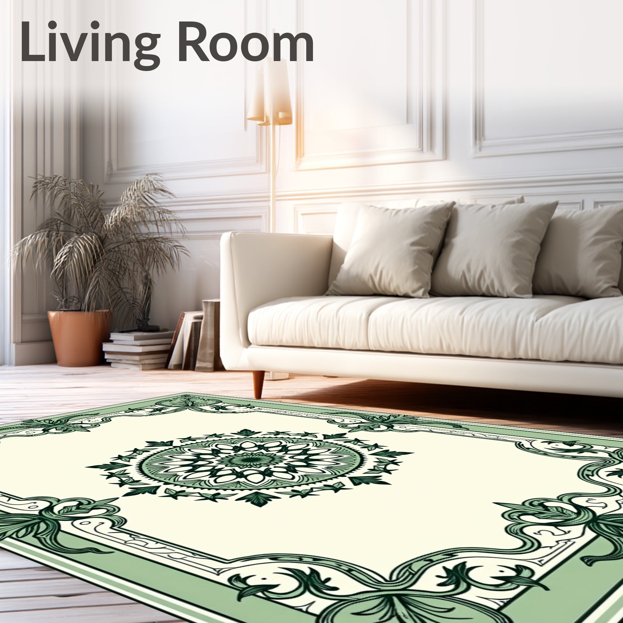 Ornate Green Floral Mandala Frame Rug