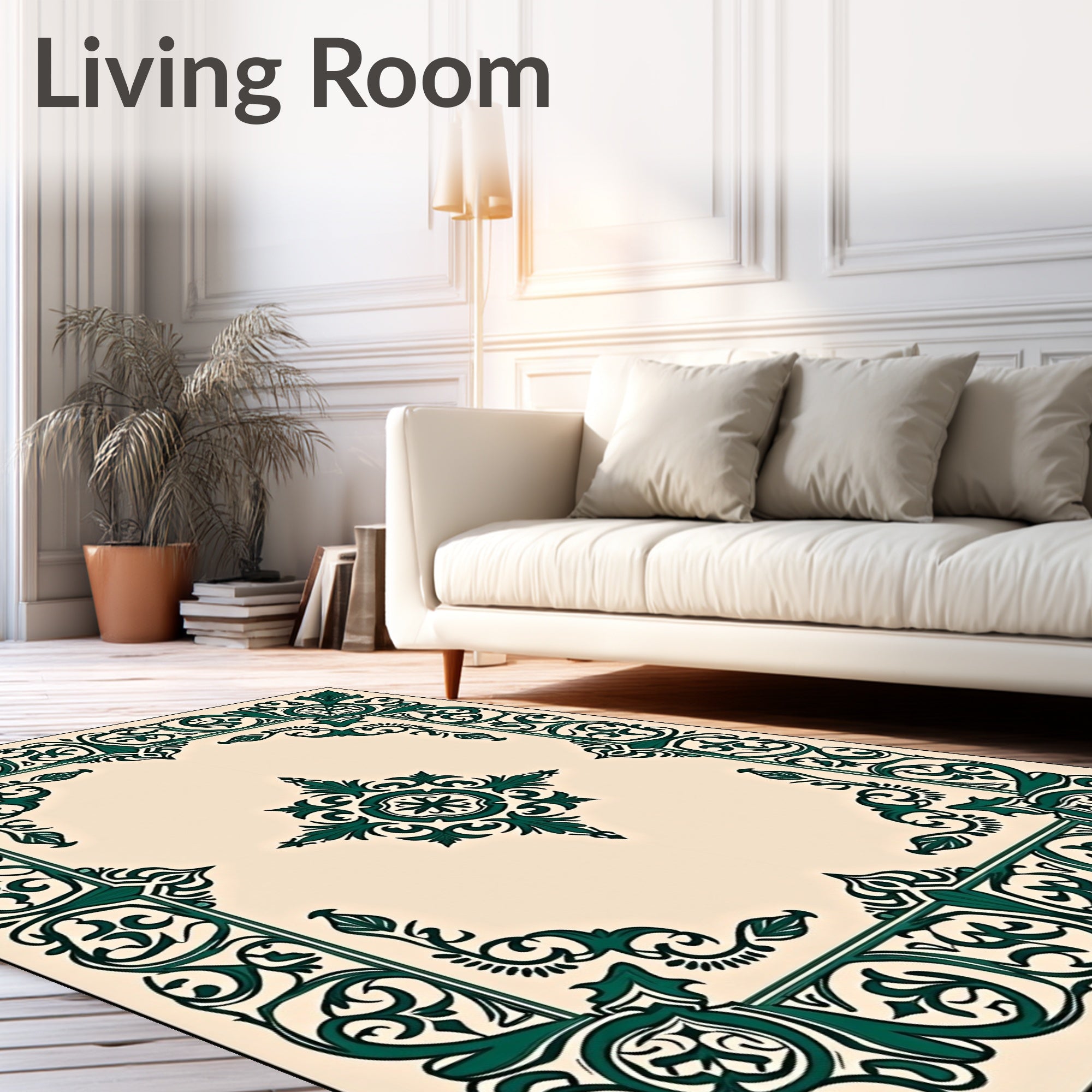 Elegant Emerald Green Floral Scroll Rug