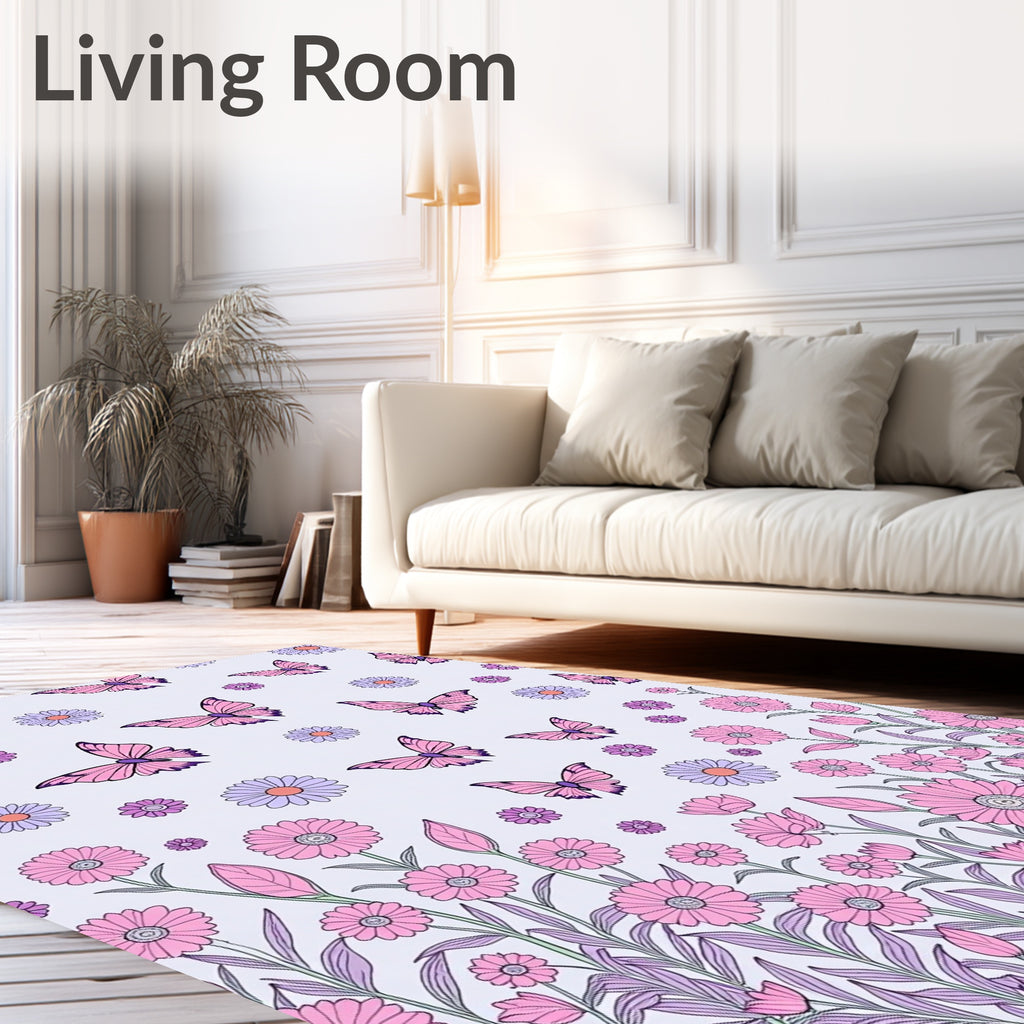 Pink Butterflies Daisy Garden Pattern Rug