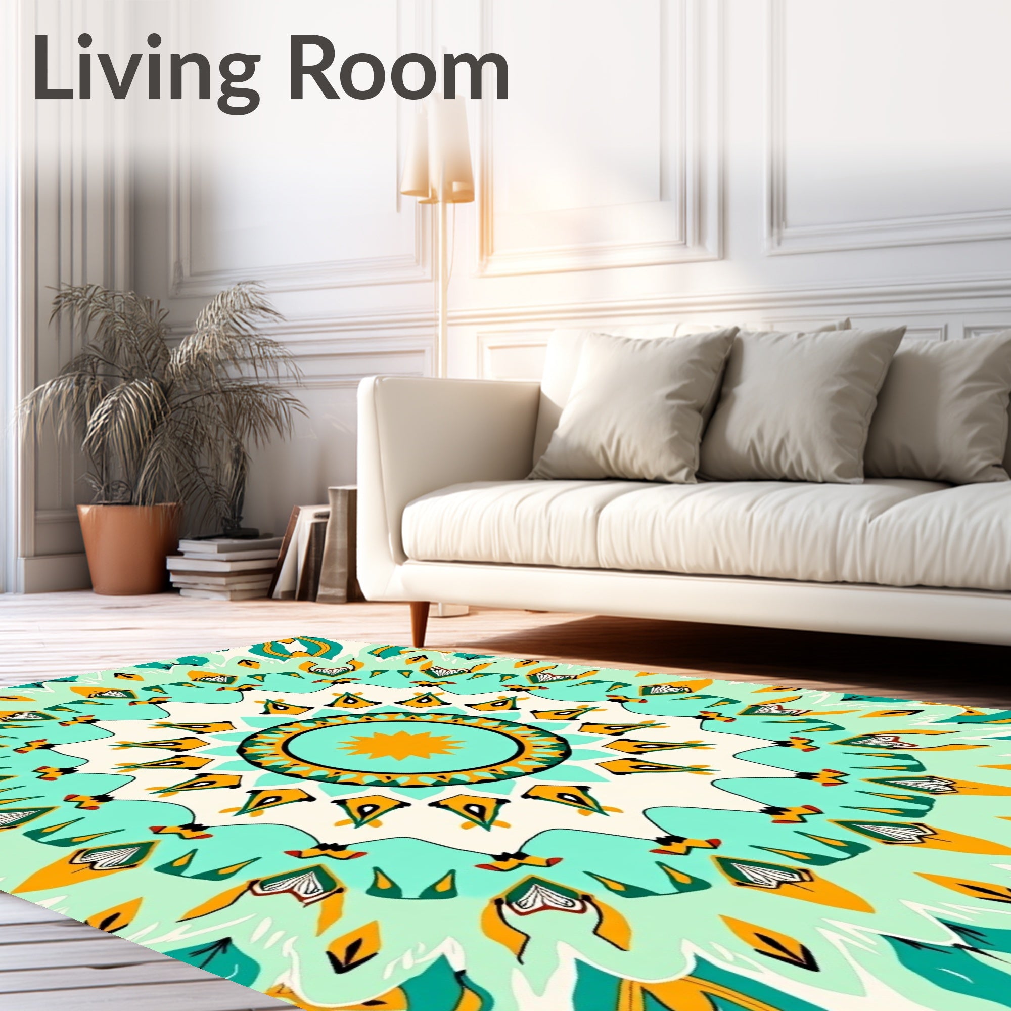 Bright Teal Orange Sunburst Mandala Rug