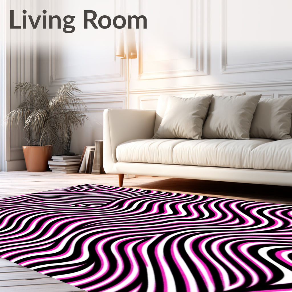 Bold Pink White Black Wavy Stripes Rug