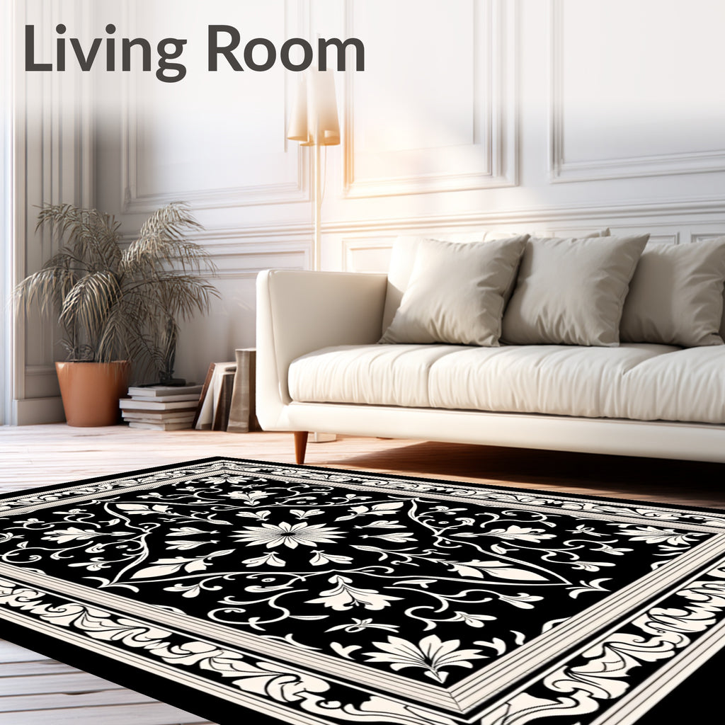 Classic Black White Floral Pattern Rug