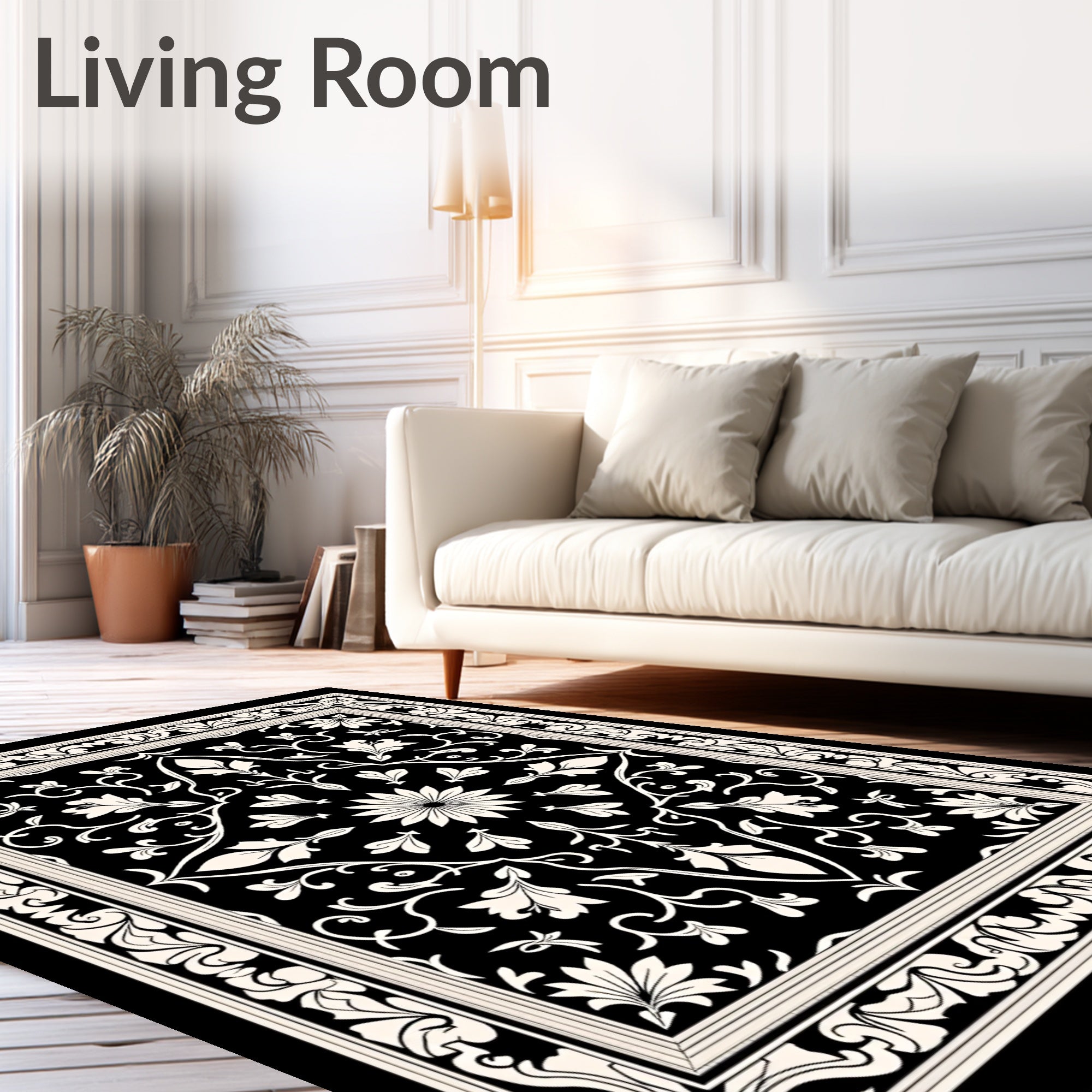 Classic Black White Floral Pattern Rug
