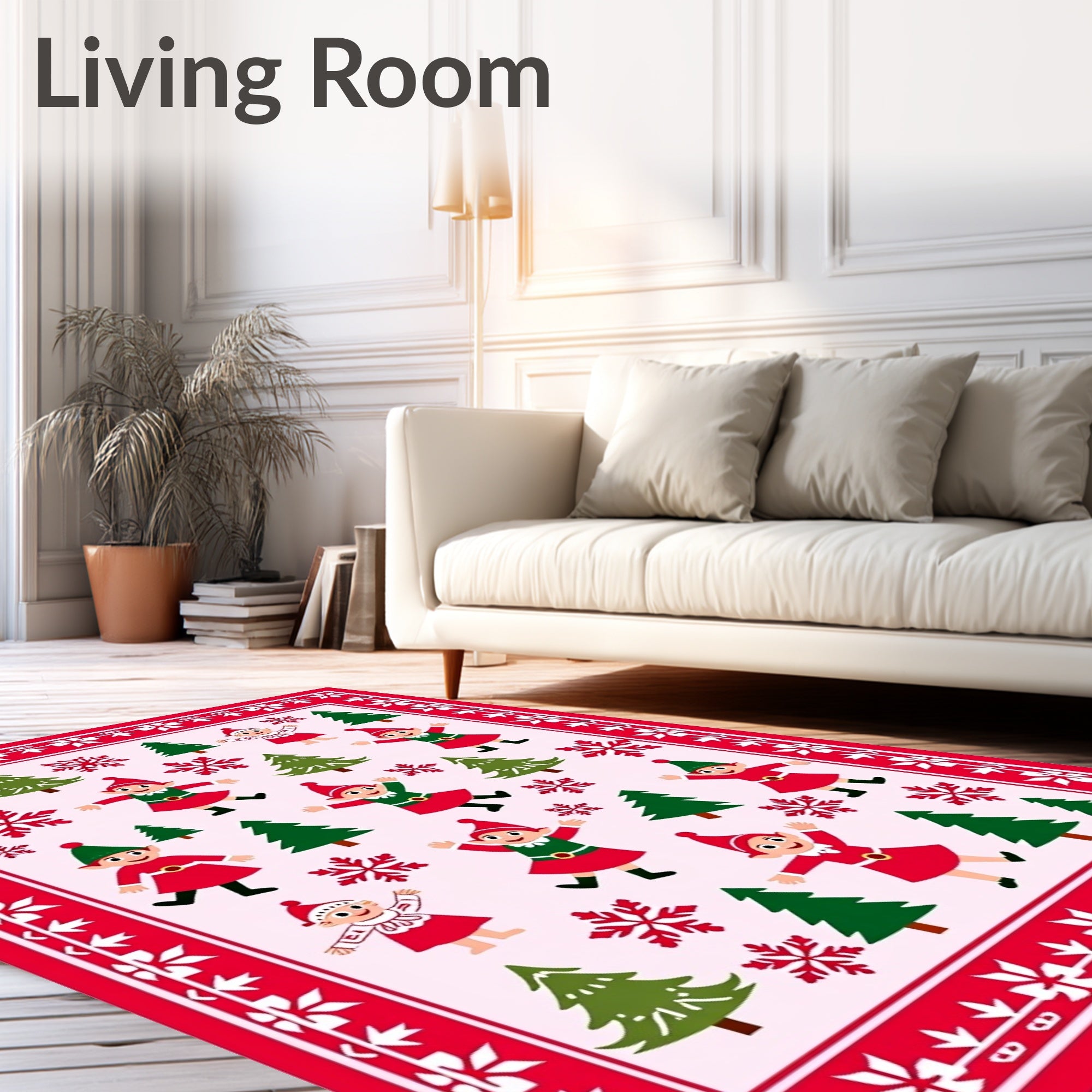 Festive Red Elf Christmas Tree Snowflakes Rug