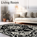 Ornate Black Cream Scroll Pattern Rug