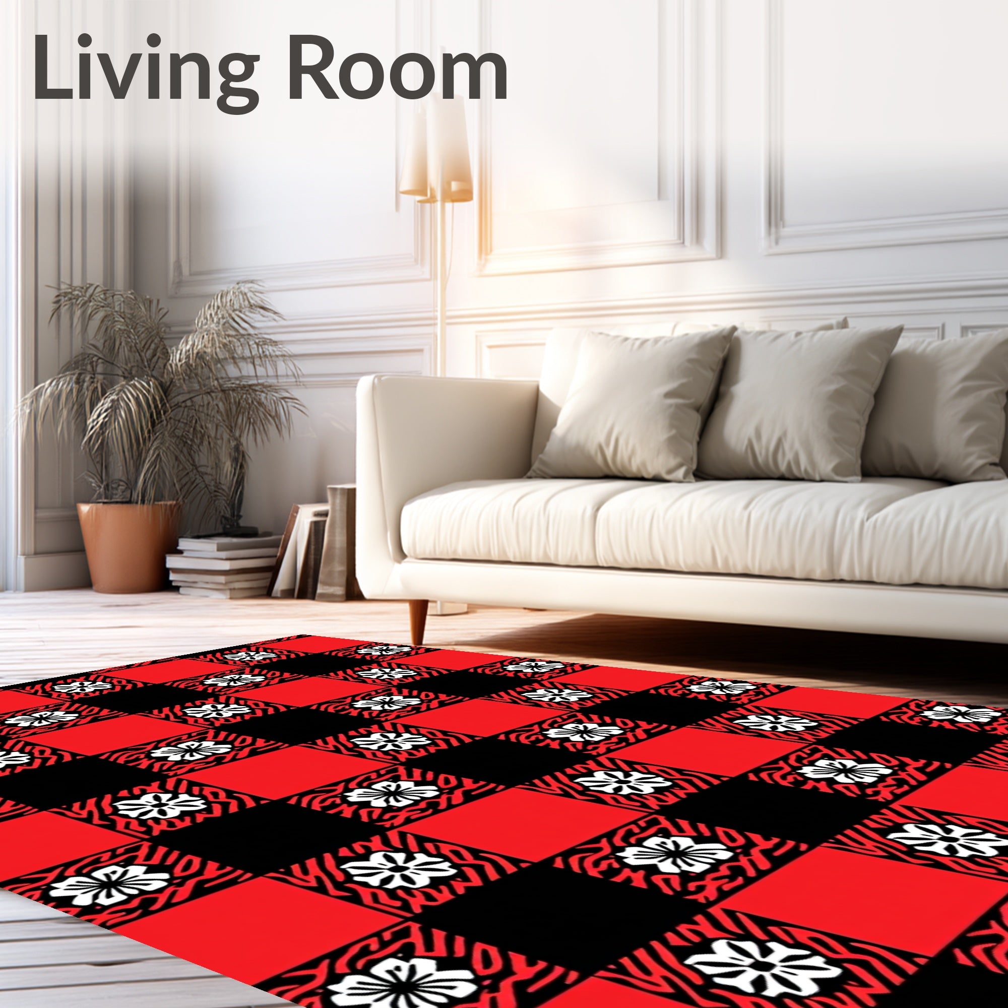 Red Black Floral Checkered Pattern Rug