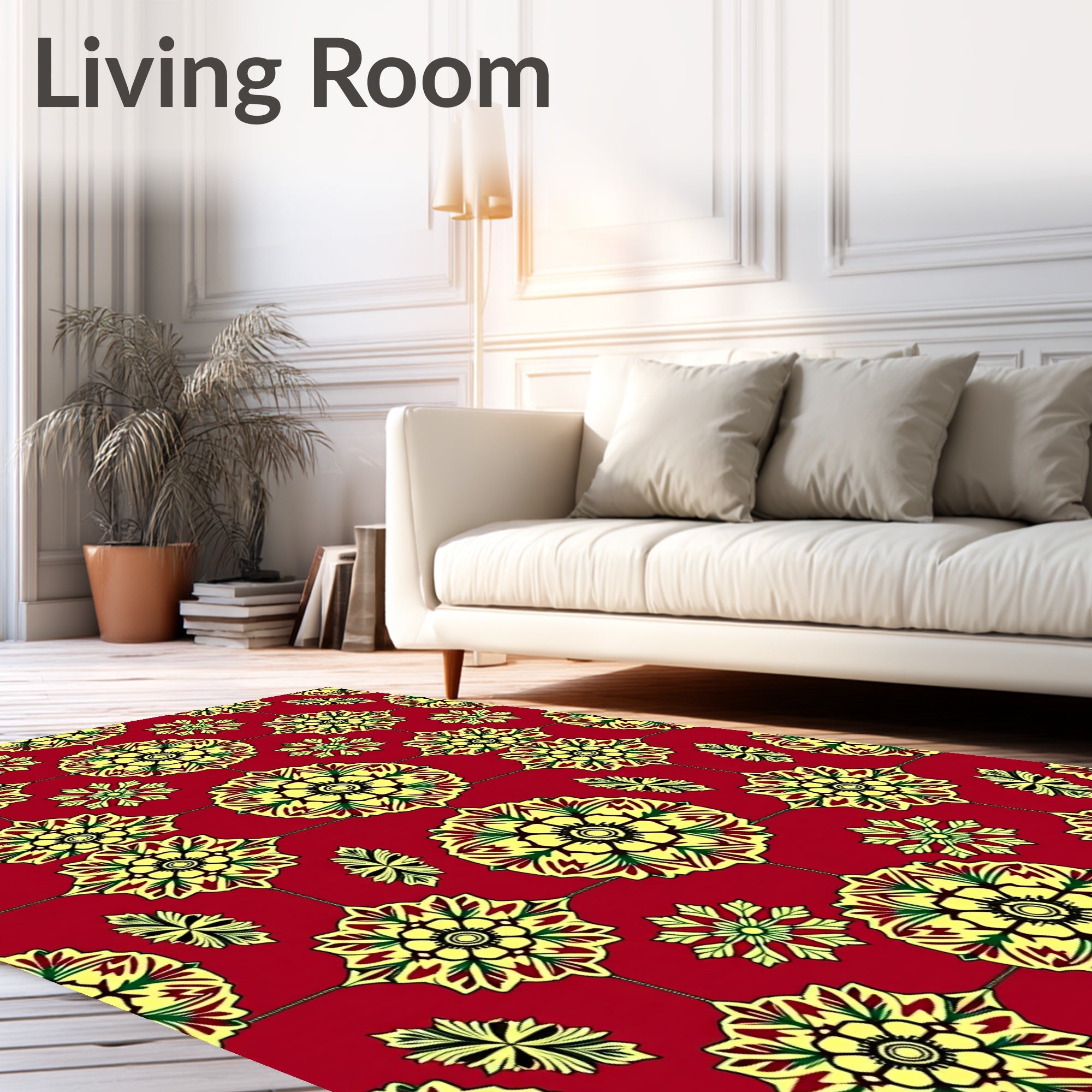 Red Yellow Floral Medallion Pattern Rug