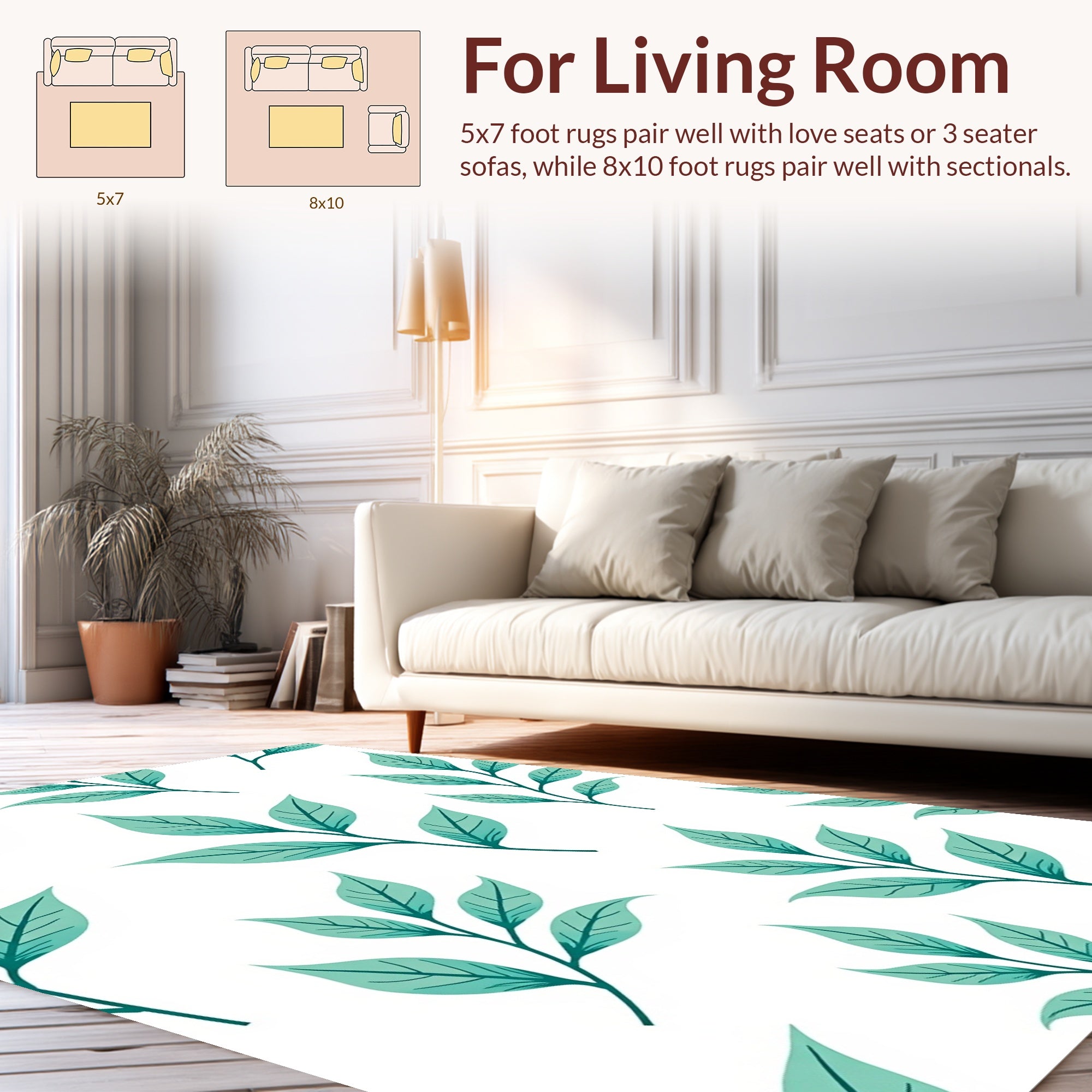Mint Green Leaf Patterned Design Rug