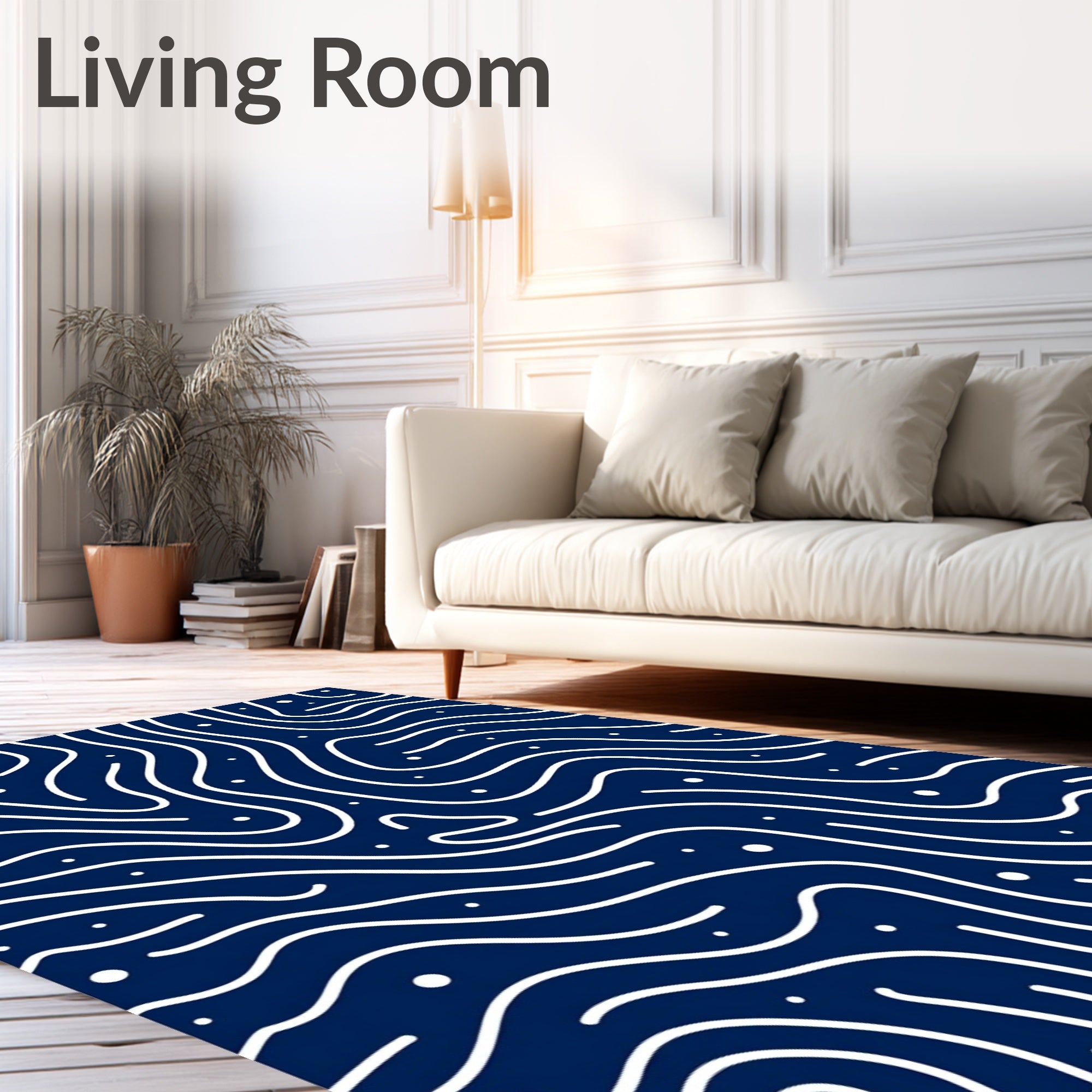 Wavy Line Abstract Indigo Dot Pattern Rug
